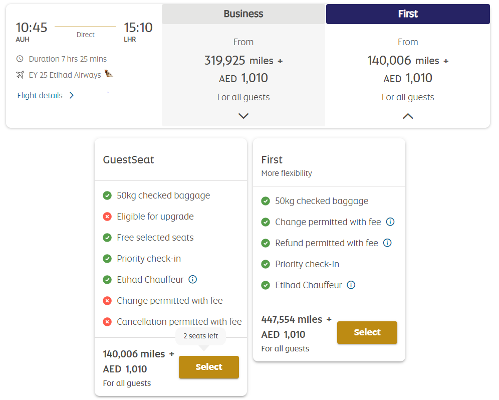 image showing the award booking on Etihad