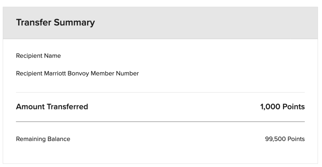 screenshot showing the marriott points transfer confirmation
